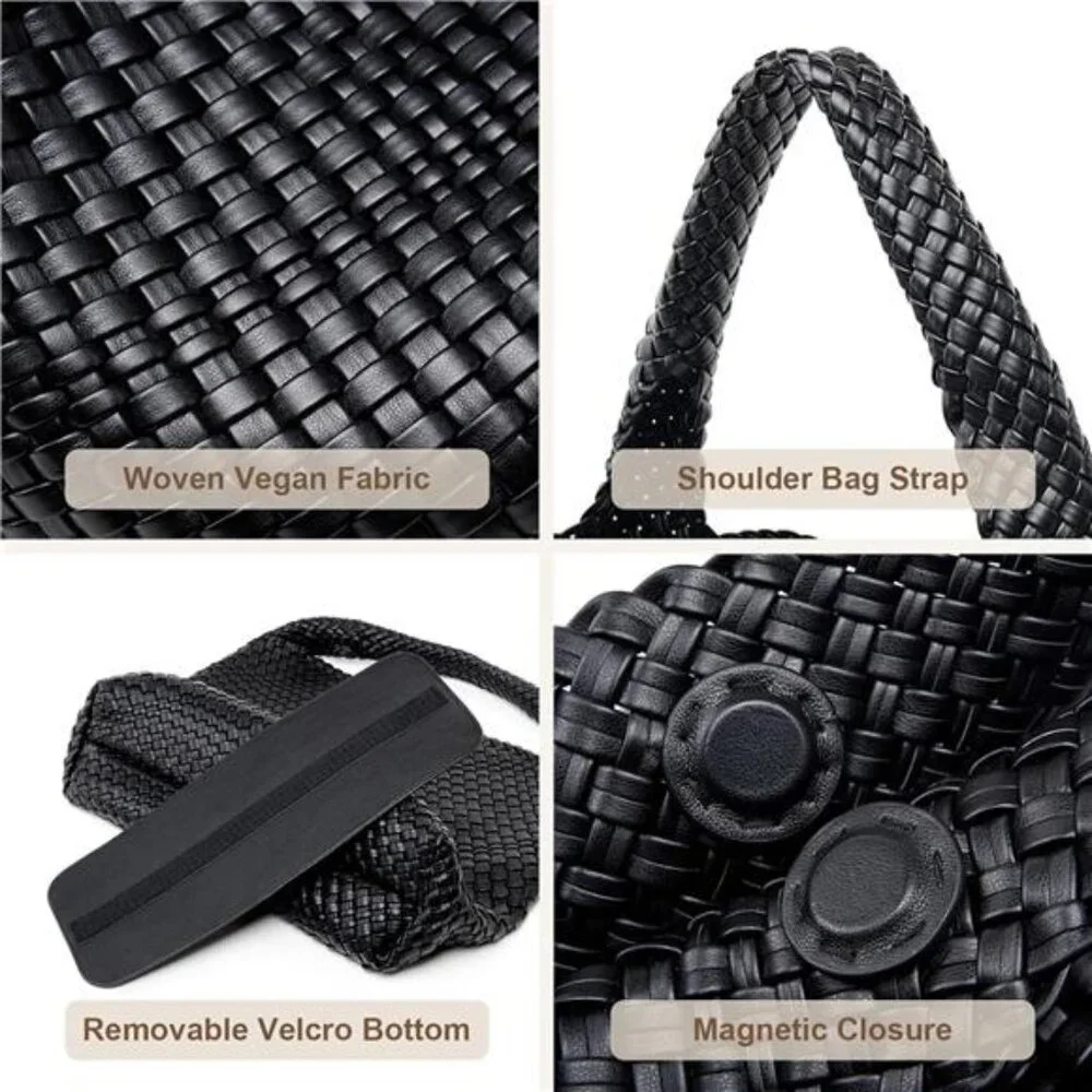 Large Woven Tote Bag for Women Weave Purse Woven Leather Handbag Black